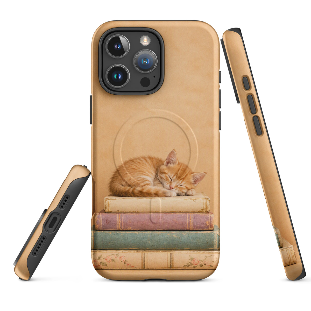 Magnetic Phone Case with sleeping kitten illustration on vintage books, ideal for book lovers and cat enthusiasts.