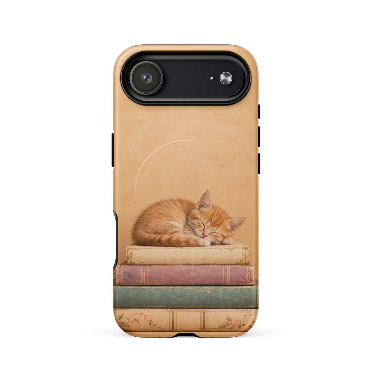 Magnetic Phone Case with orange kitten sleeping on vintage books, charming design with warm neutral tones, perfect for cat lovers.