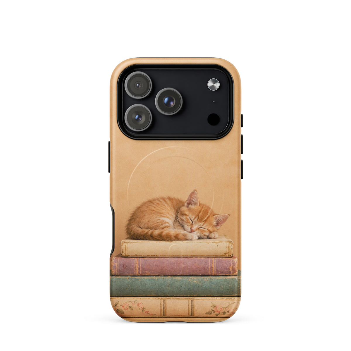 Magnetic Phone Case featuring a sleeping orange kitten on vintage books, soft illustration and warm colors.