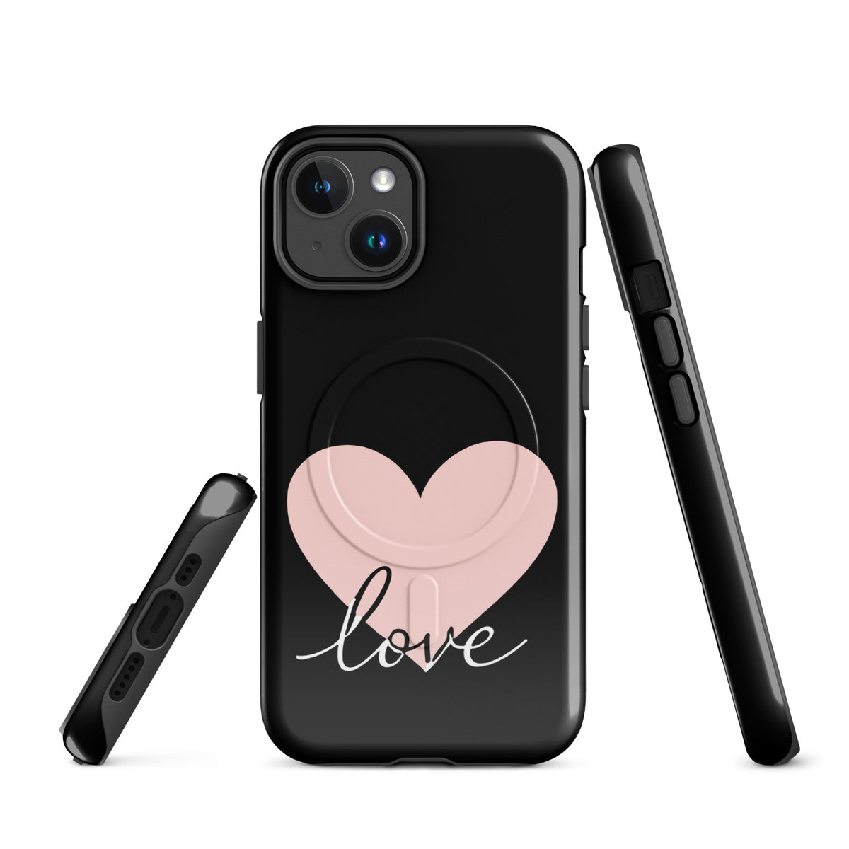 Magnetic Phone Case for iPhone with Heart and Script Love Design, offering stylish protection in a minimalist, romantic style.