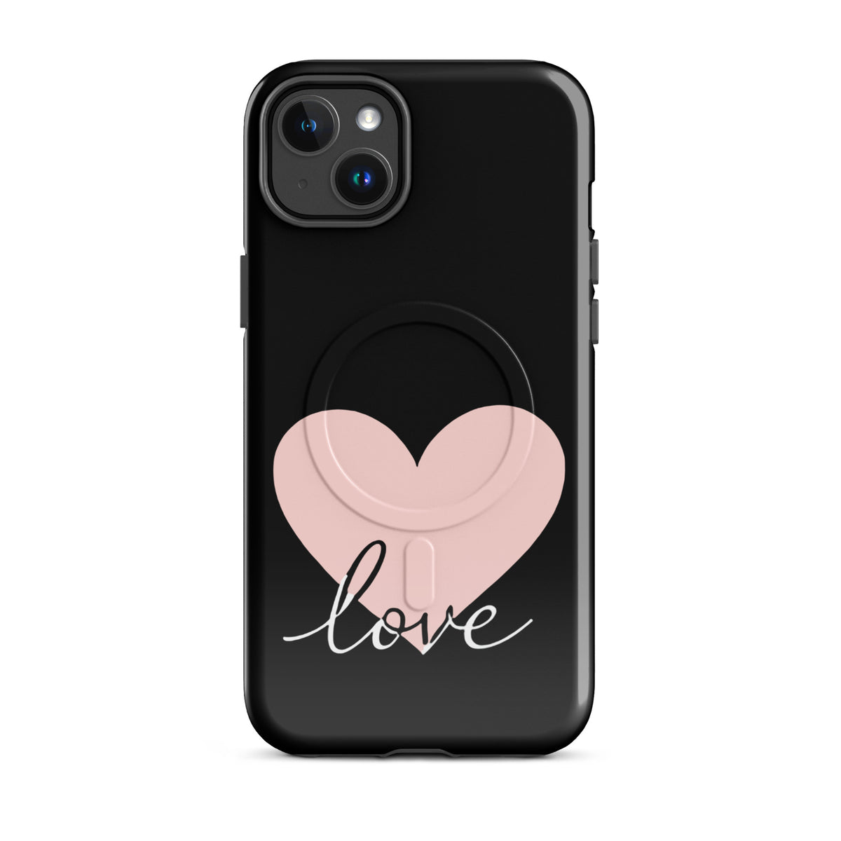 Magnetic Phone Case for iPhone with pink heart and script 'love' design, minimalist and stylish protection.