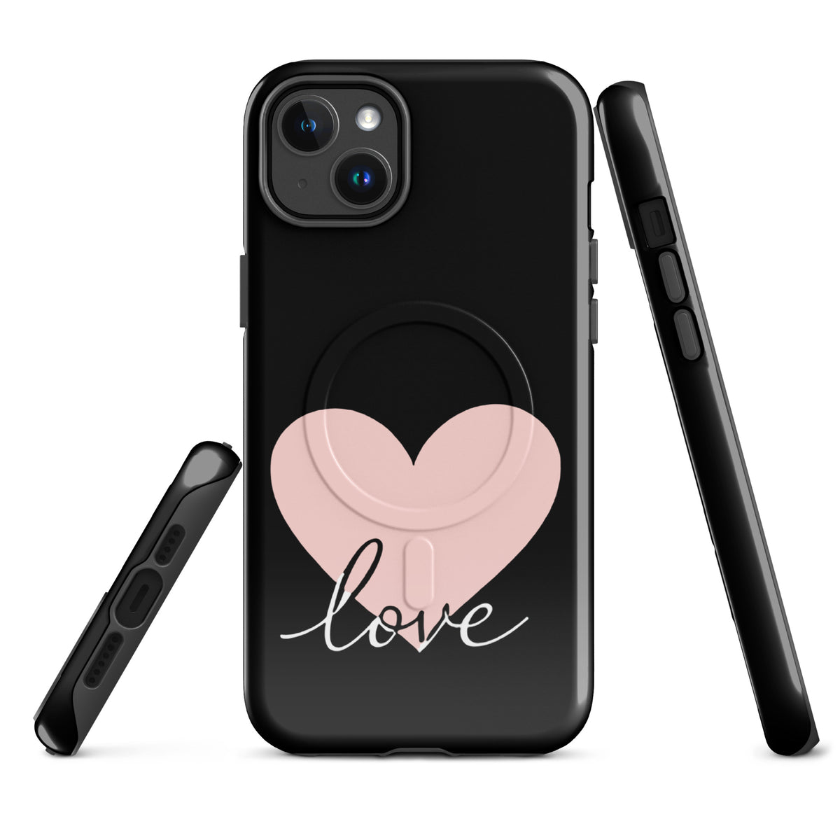 Magnetic Phone Case with heart and script love design, stylish protection for iPhone.