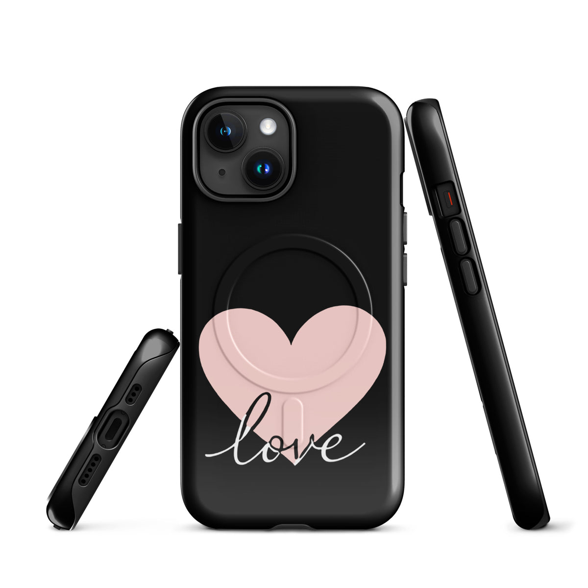 Magnetic Phone Case for iPhone with heart design and script "love," combining modern style with protection.