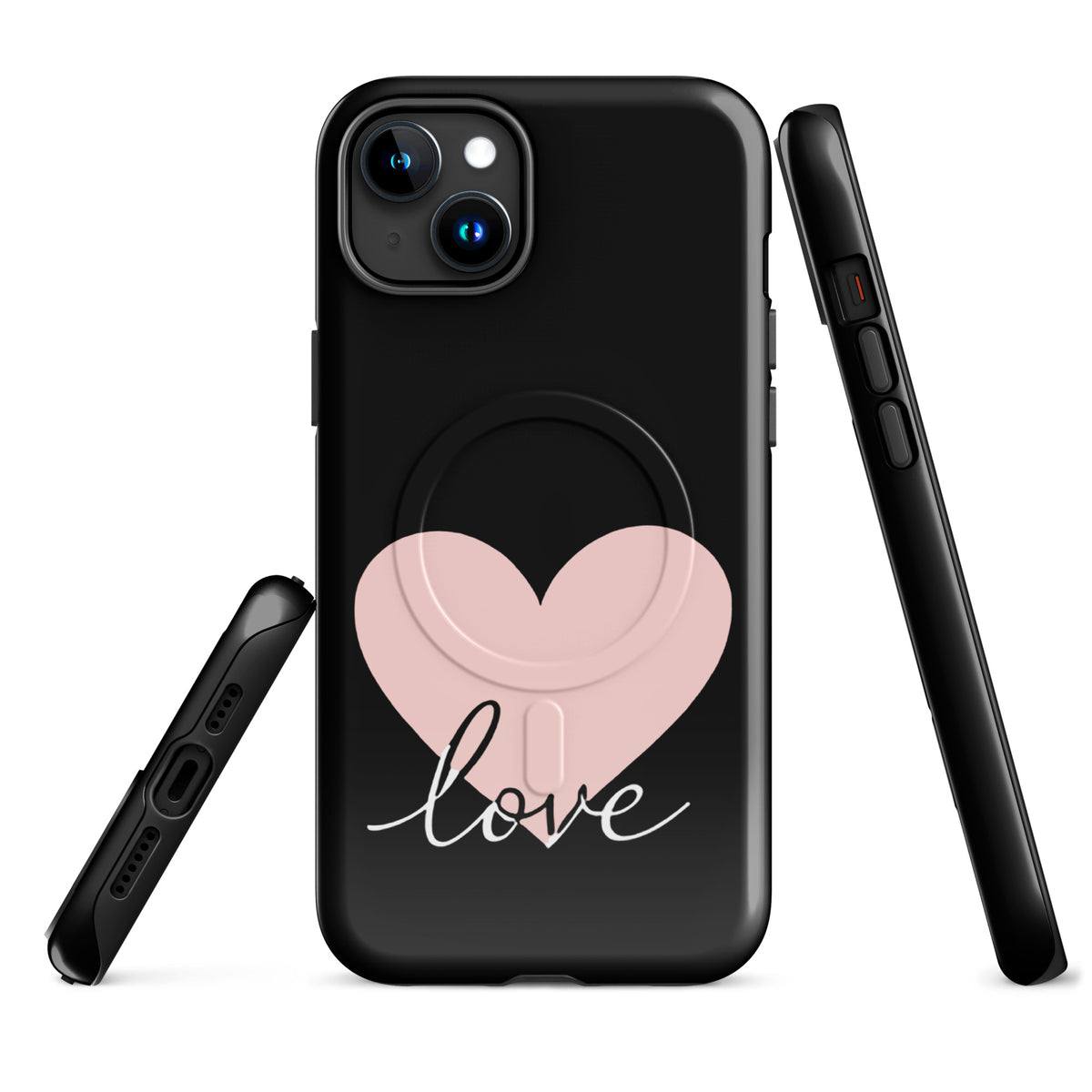 Magnetic Phone Case with heart and script love design for iPhone.