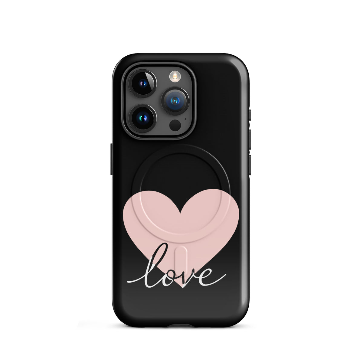 Magnetic Phone Case for iPhone with heart and script 'love' design, offering stylish and protective features.