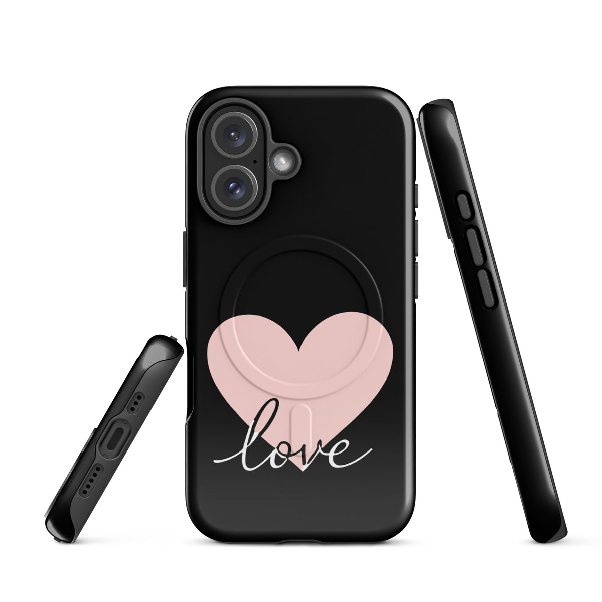 Magnetic Phone Case with heart and script love design for iPhone, minimalist and romantic protection for your device.