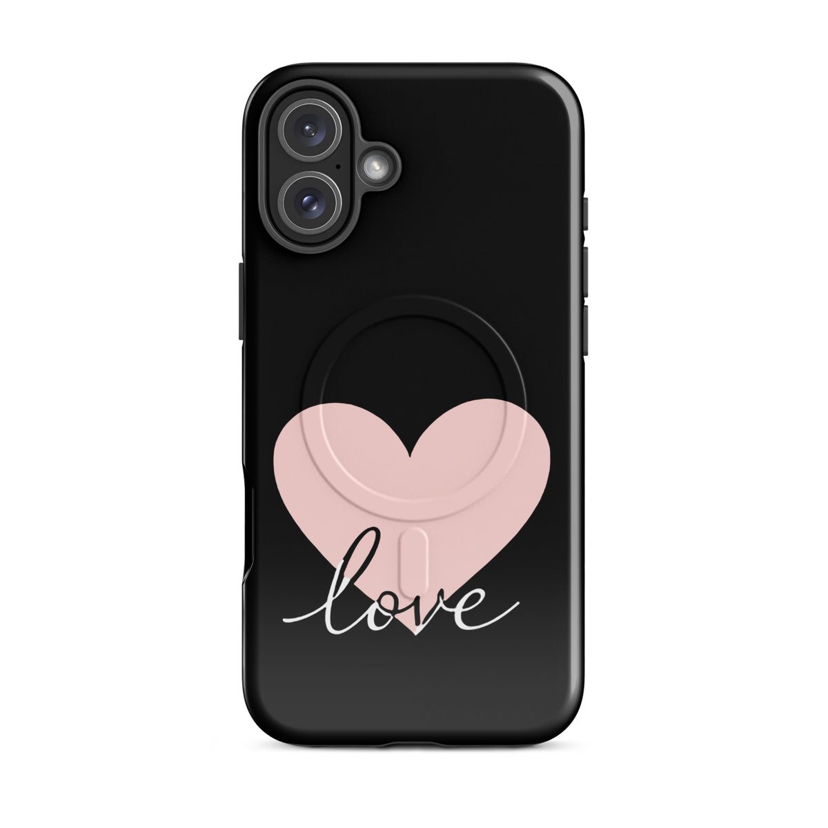 Magnetic Phone Case for iPhone with heart and love script design, minimalist and romantic style, black background.