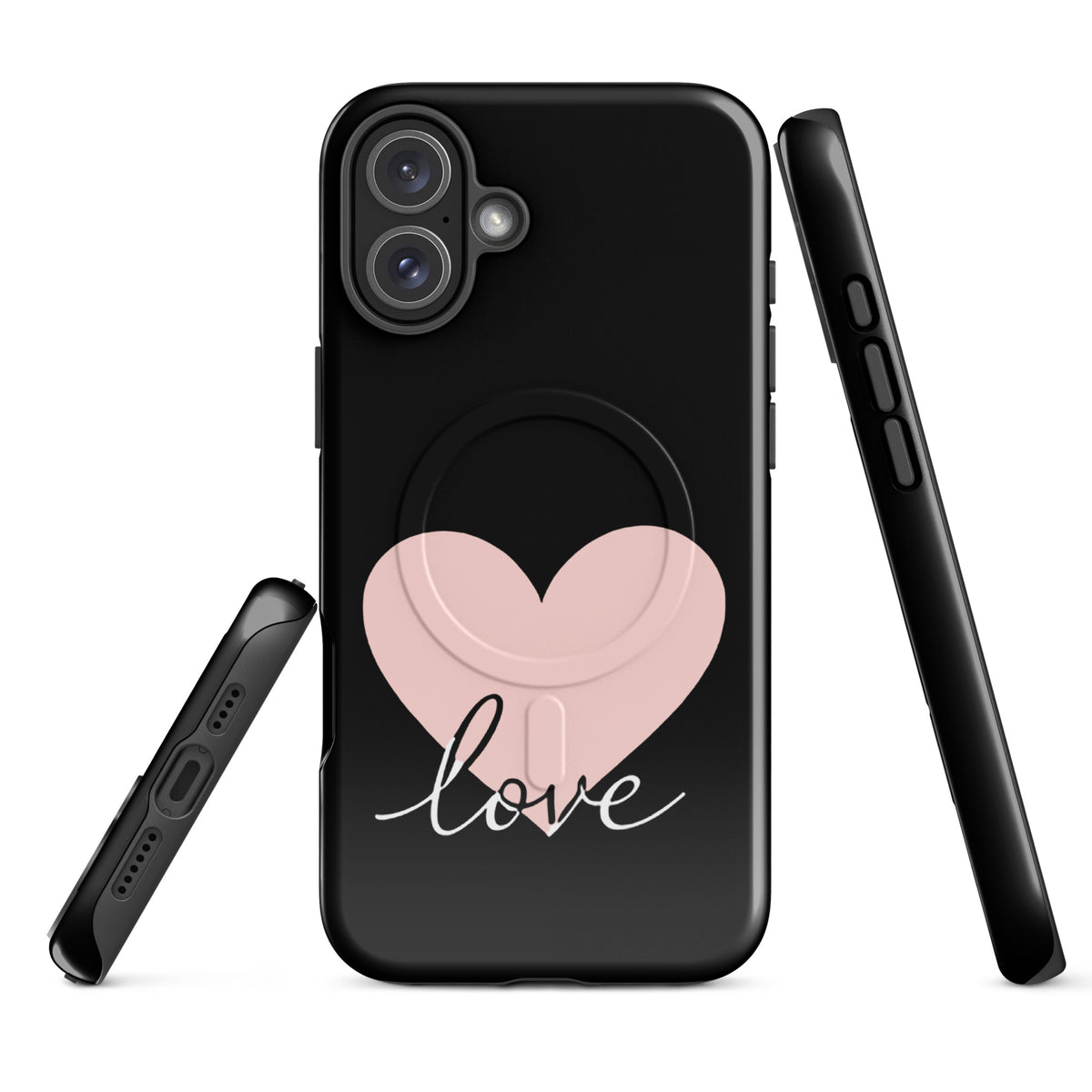Magnetic Phone Case with heart and script "love" design for iPhone, featuring a minimalist, romantic style.