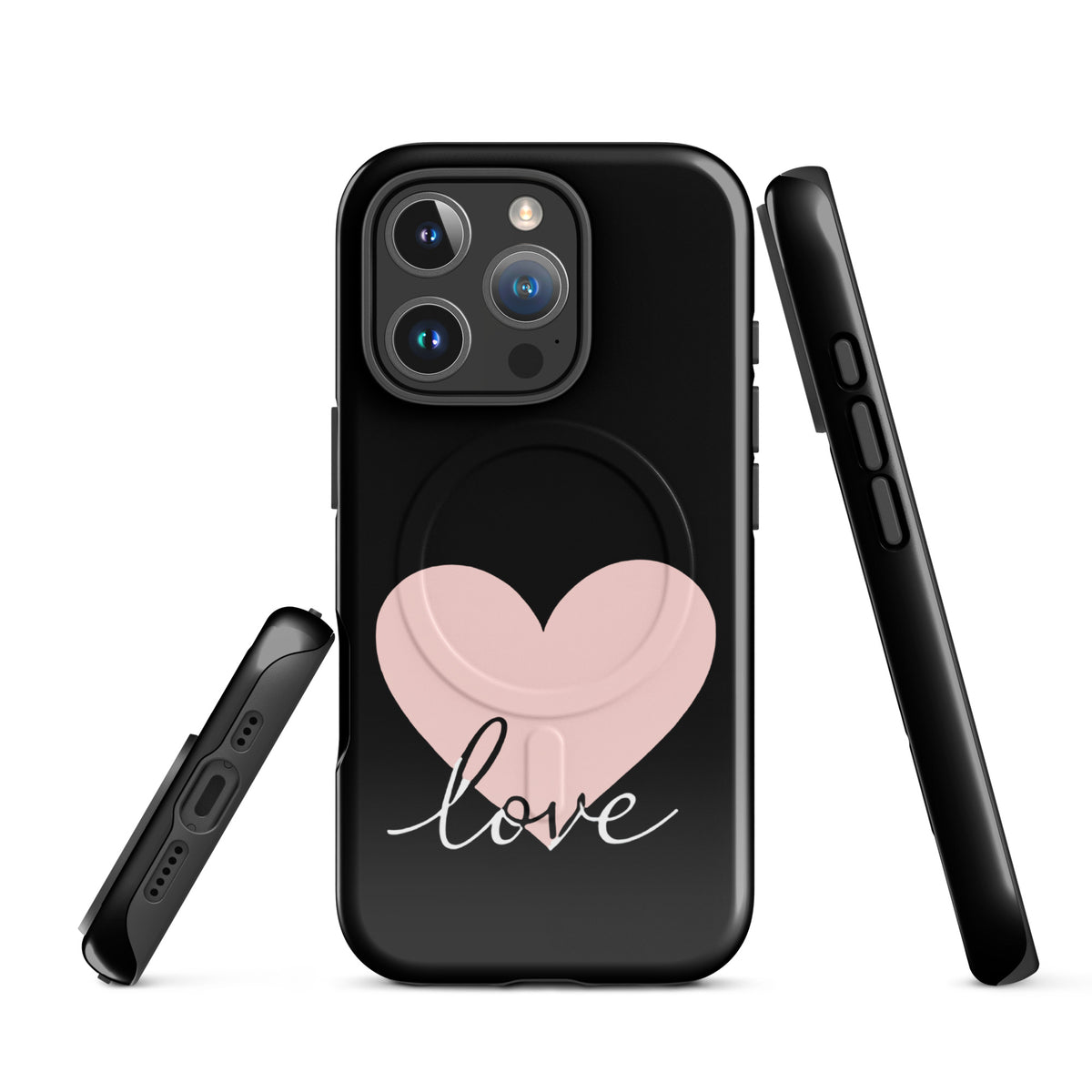 Magnetic Phone Case for iPhone with heart design and love script, minimalist and protective.