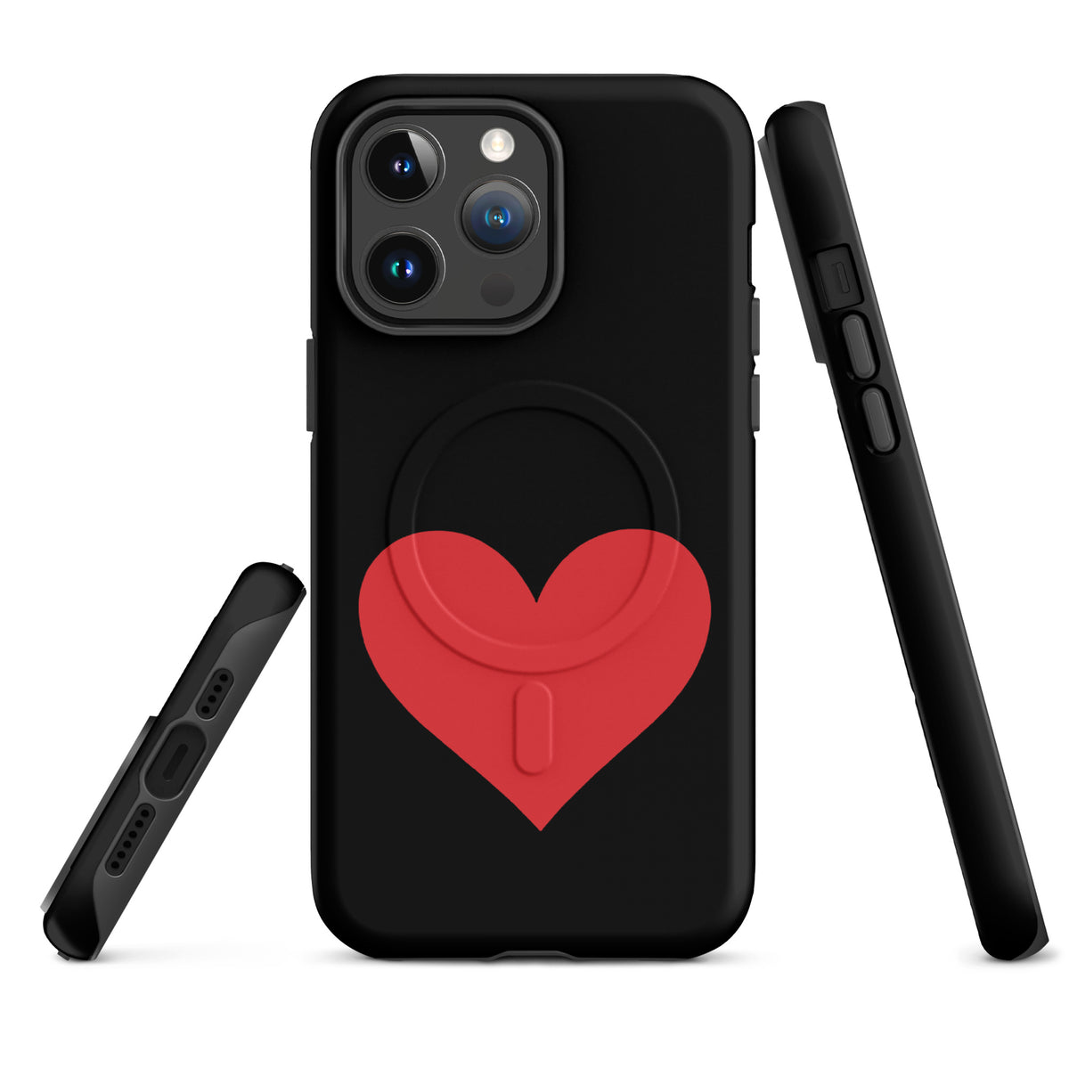 Magnetic Phone Case with heart design for iPhone, shown in black with striking red heart, offering vibrant color options and durable protection.