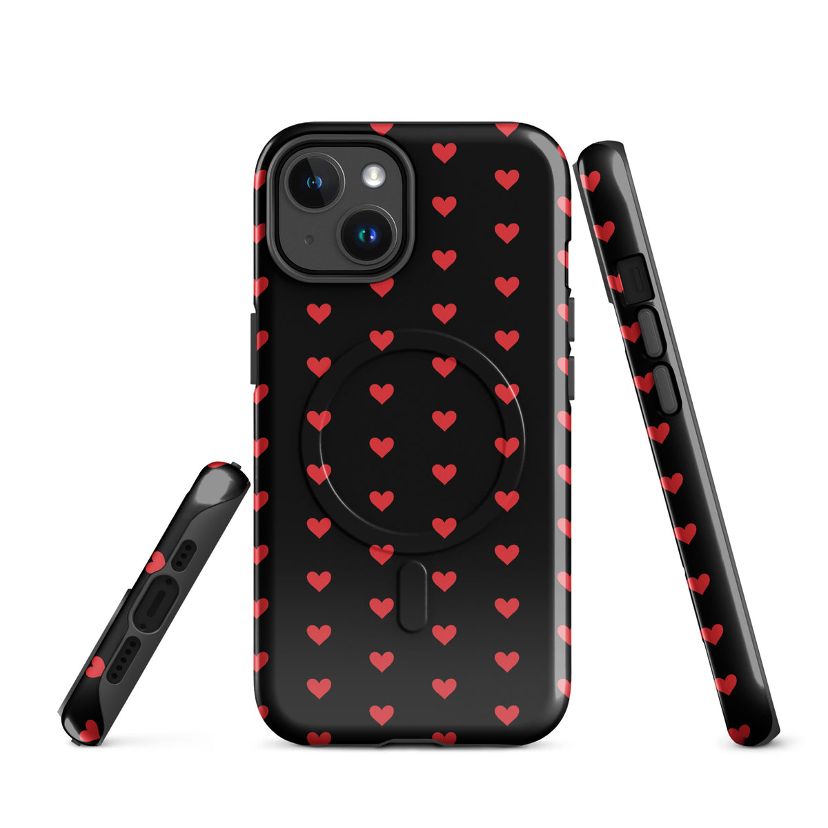 Magnetic Phone Case for iPhone with fiery red hearts on black background, luxury design, enhanced protection, modern style.