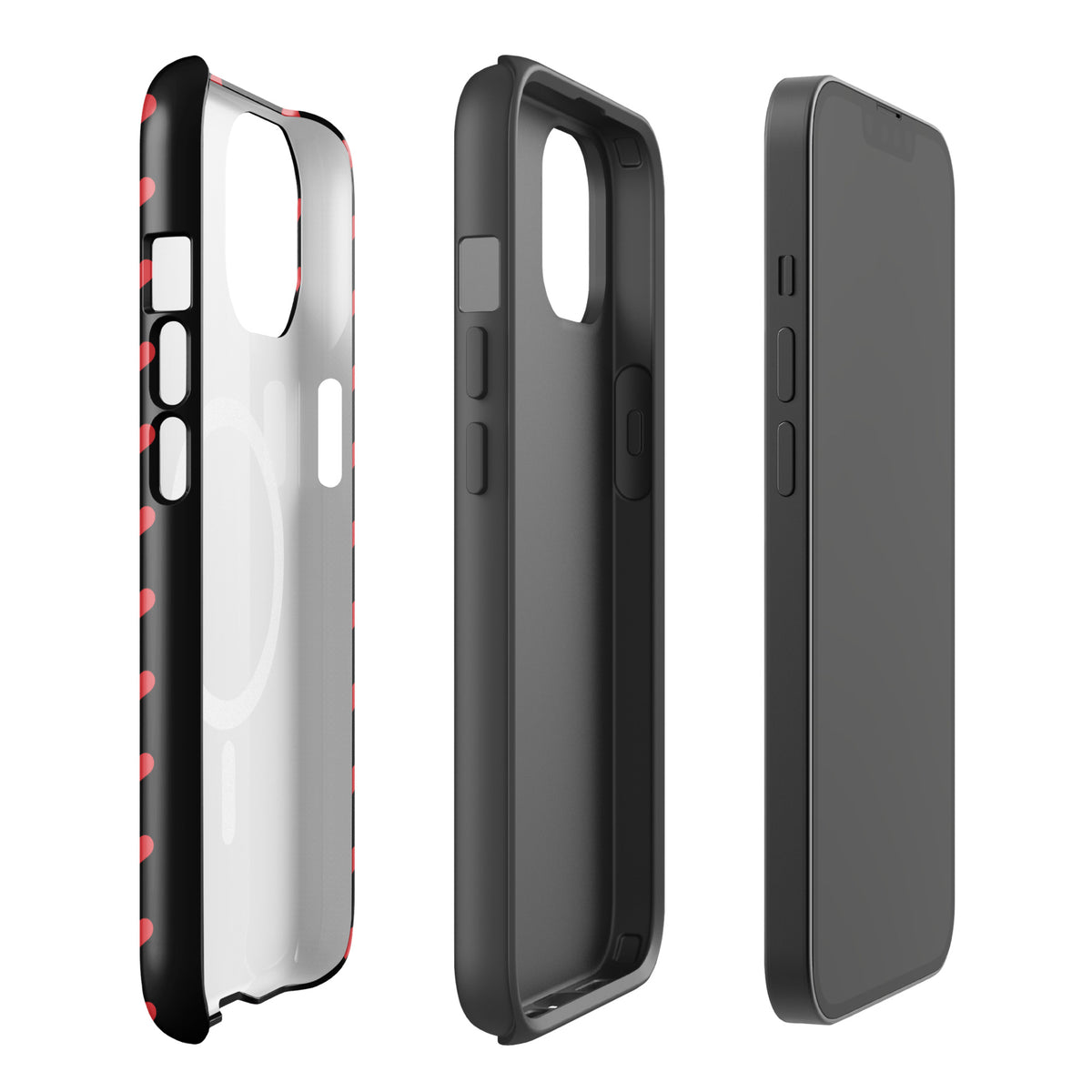 Magnetic Phone Case for iPhone with fiery red hearts, featuring a bold black and red design with modern durability for stylish protection.