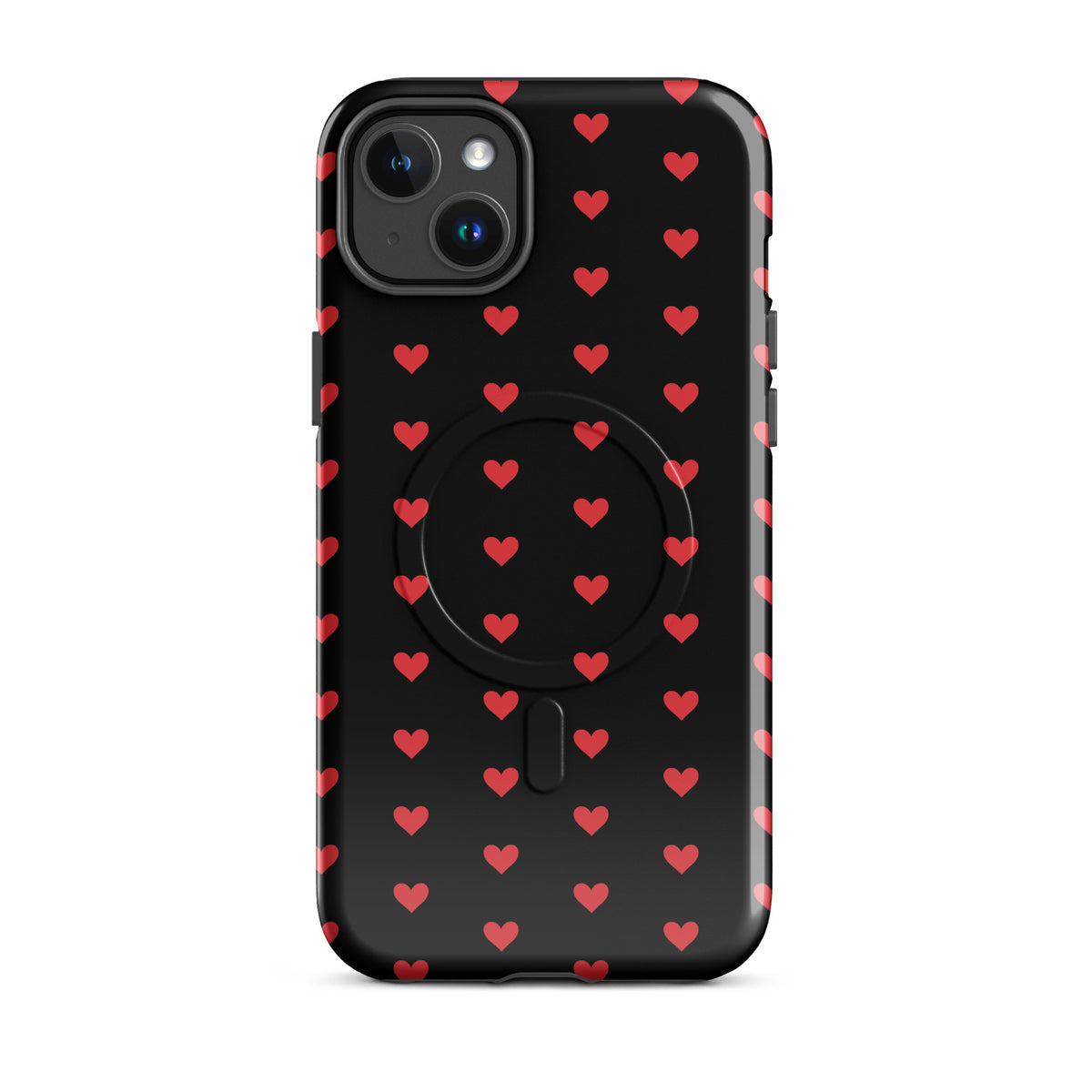 Magnetic Phone Case for iPhone with fiery red hearts design, offering bold design and durable protection on a black background.
