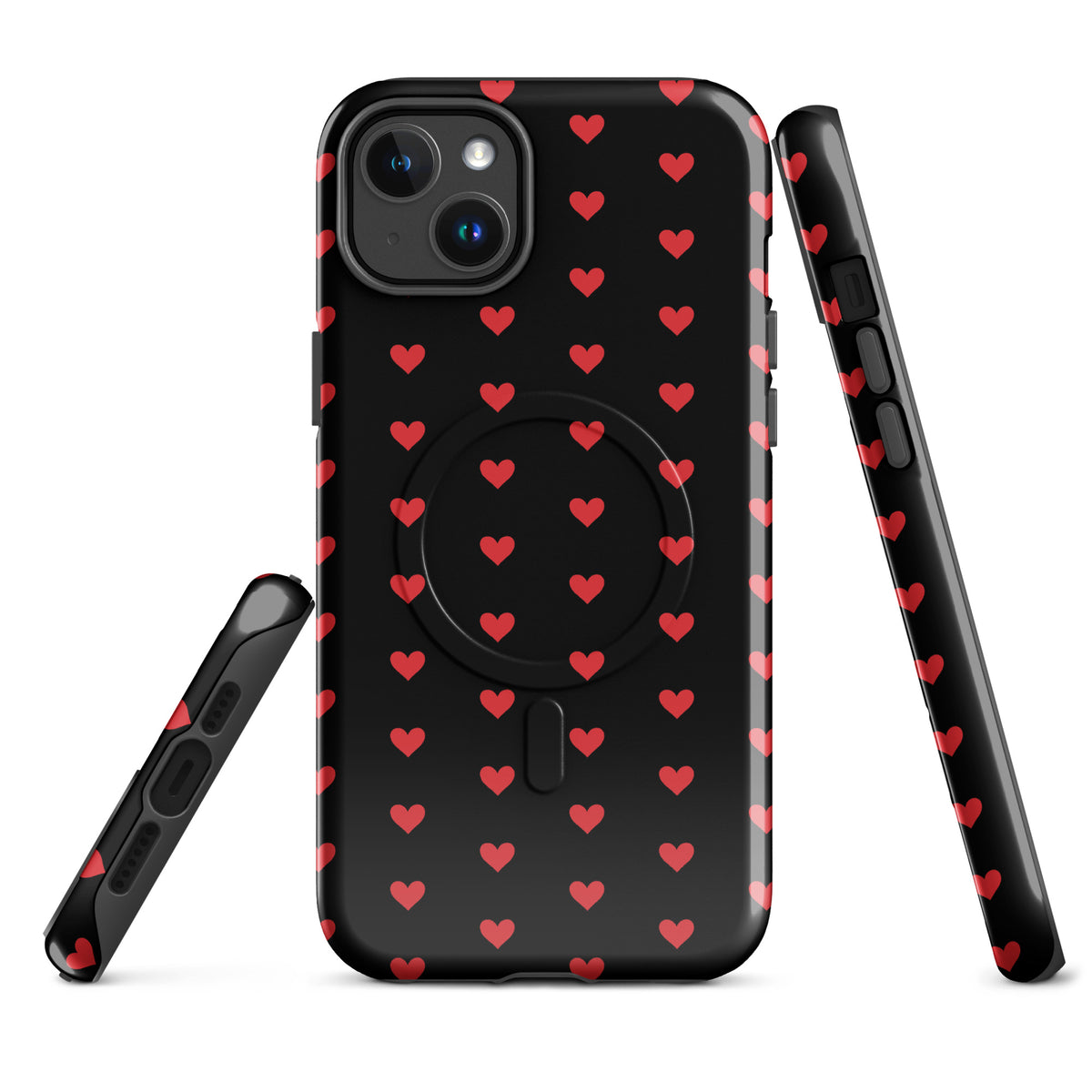 Magnetic Phone Case with fiery red hearts pattern on a black background, offering stylish protection for iPhones. Perfect gift choice.