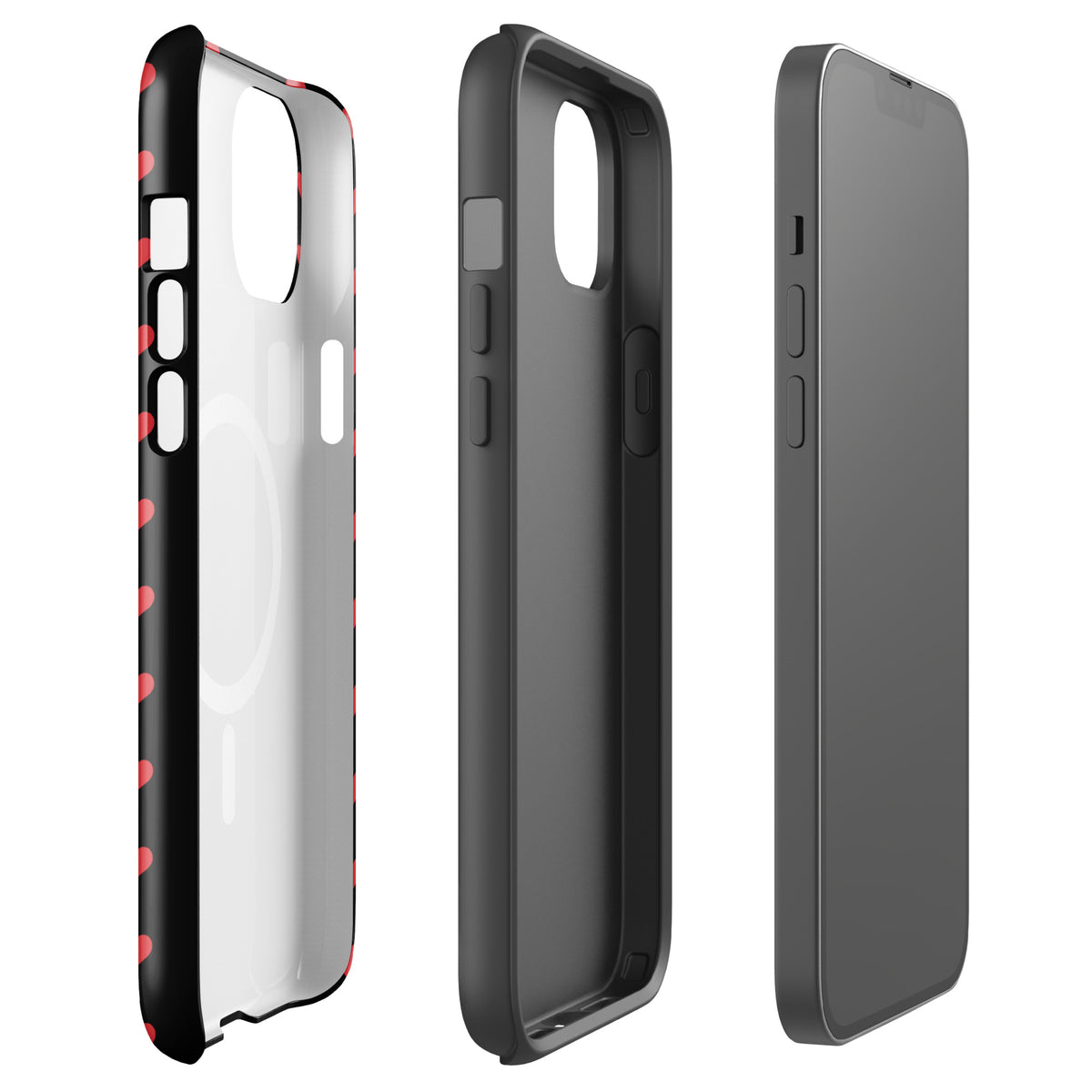 Magnetic Phone Case with fiery red hearts, iPhone compatible, luxury design, durable protection, black background, modern style.