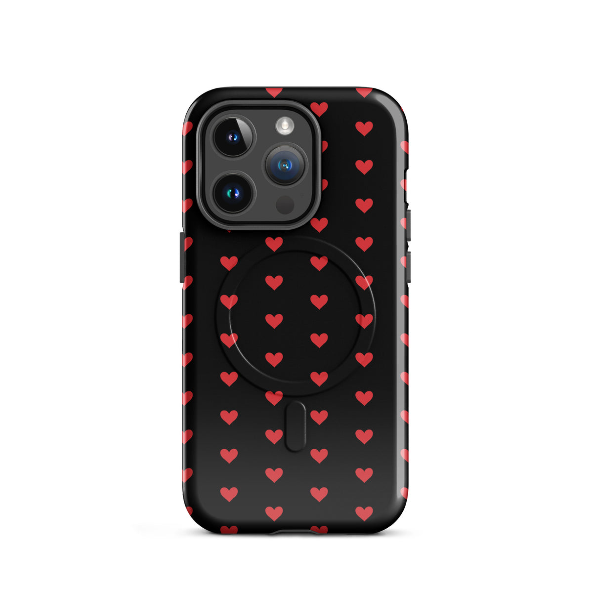 Magnetic Phone Case with fiery red hearts on black for iPhone, luxury design and protection focus.