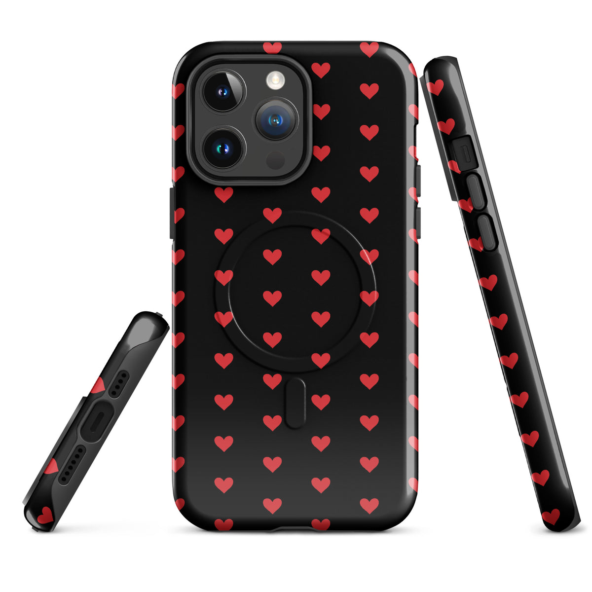 Magnetic Phone Case with fiery red hearts pattern on black for iPhone, luxury design and durable protection.