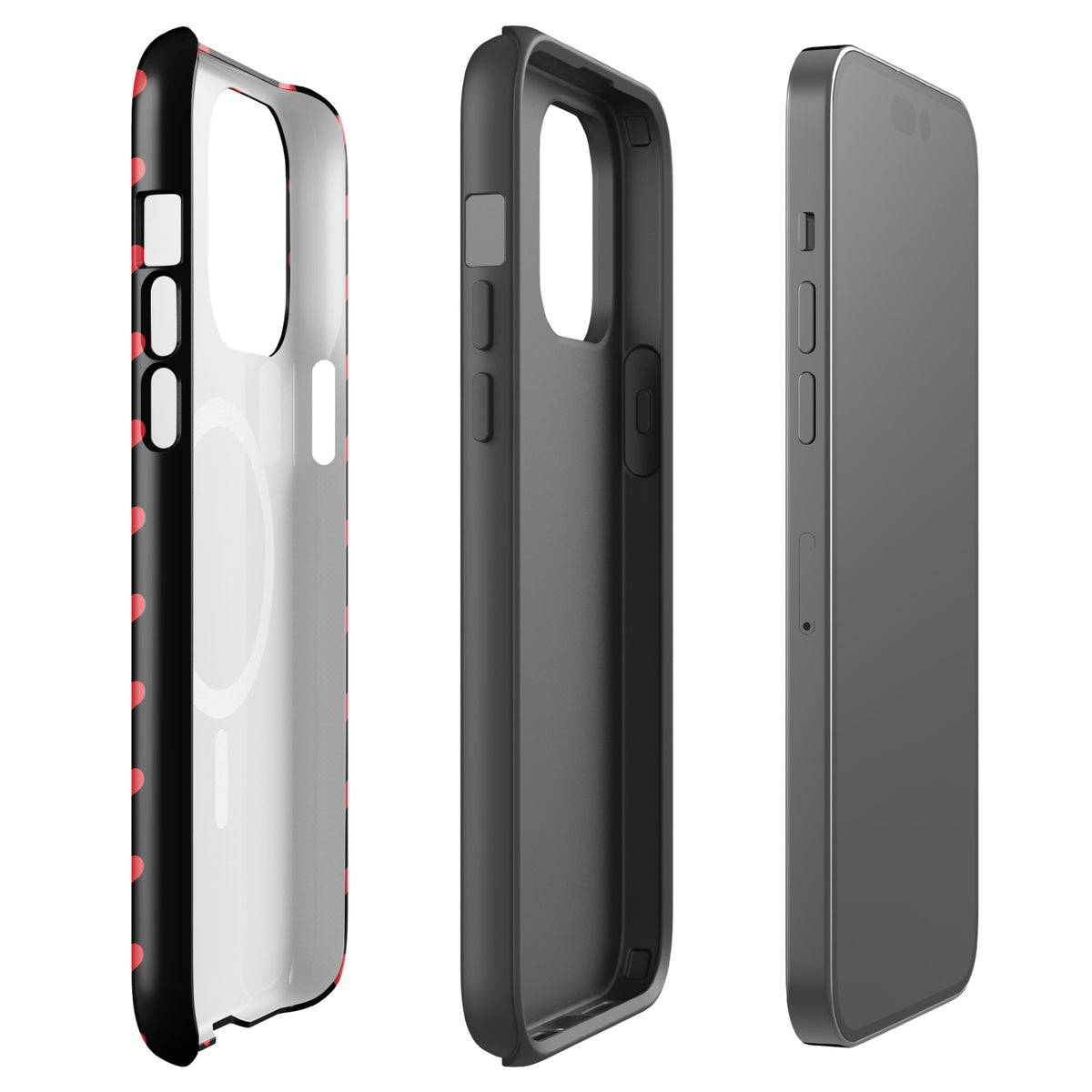 Magnetic Phone Case for iPhone with fiery red hearts design, premium protection, and modern style shown in three angles.