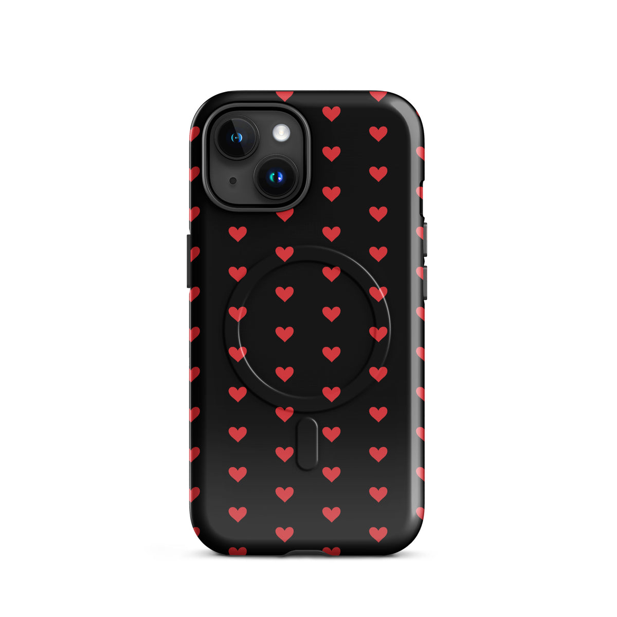 Magnetic Phone Case for iPhone with fiery red hearts, offering luxury design and durable protection on a black backdrop.