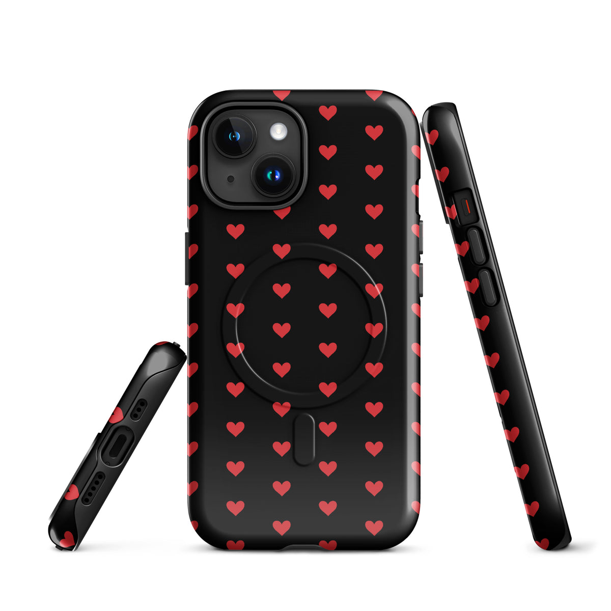 Magnetic Phone Case with fiery red hearts design for iPhone, offering luxury and durability with a modern aesthetic.