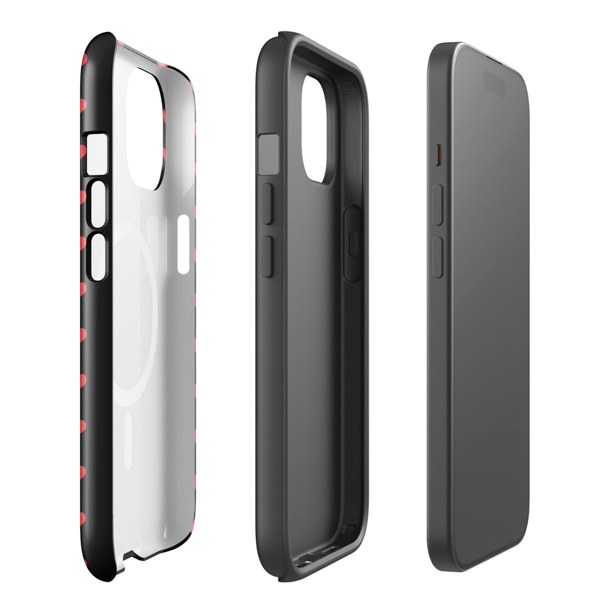 Magnetic Phone Case for iPhone with fiery red hearts and black backdrop, showcasing side and back views of protective design.