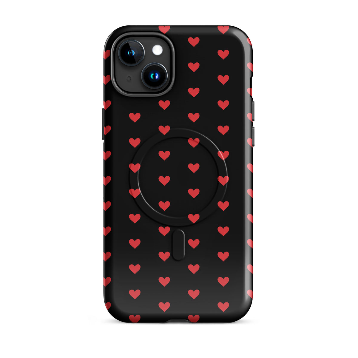 Magnetic Phone Case for iPhone with fiery red hearts on a black background, luxury and durable design