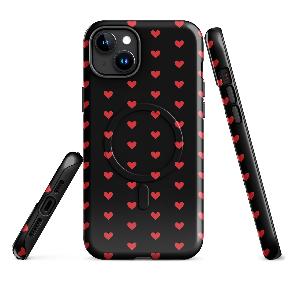 Magnetic Phone Case for iPhone with fiery red hearts design on black background, offering premium protection and striking aesthetics.