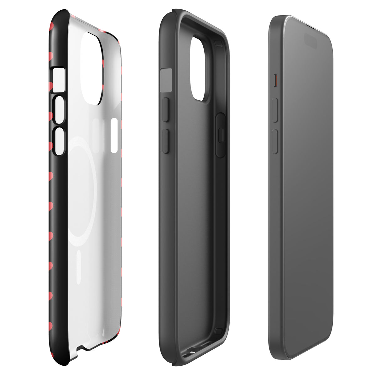 Magnetic Phone Case for iPhone with fiery red hearts pattern on black background, showcasing modern and durable design.