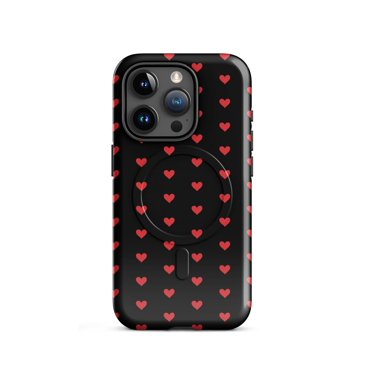 Magnetic Phone Case for iPhone with fiery red hearts on black background, offering stylish protection and modern design.