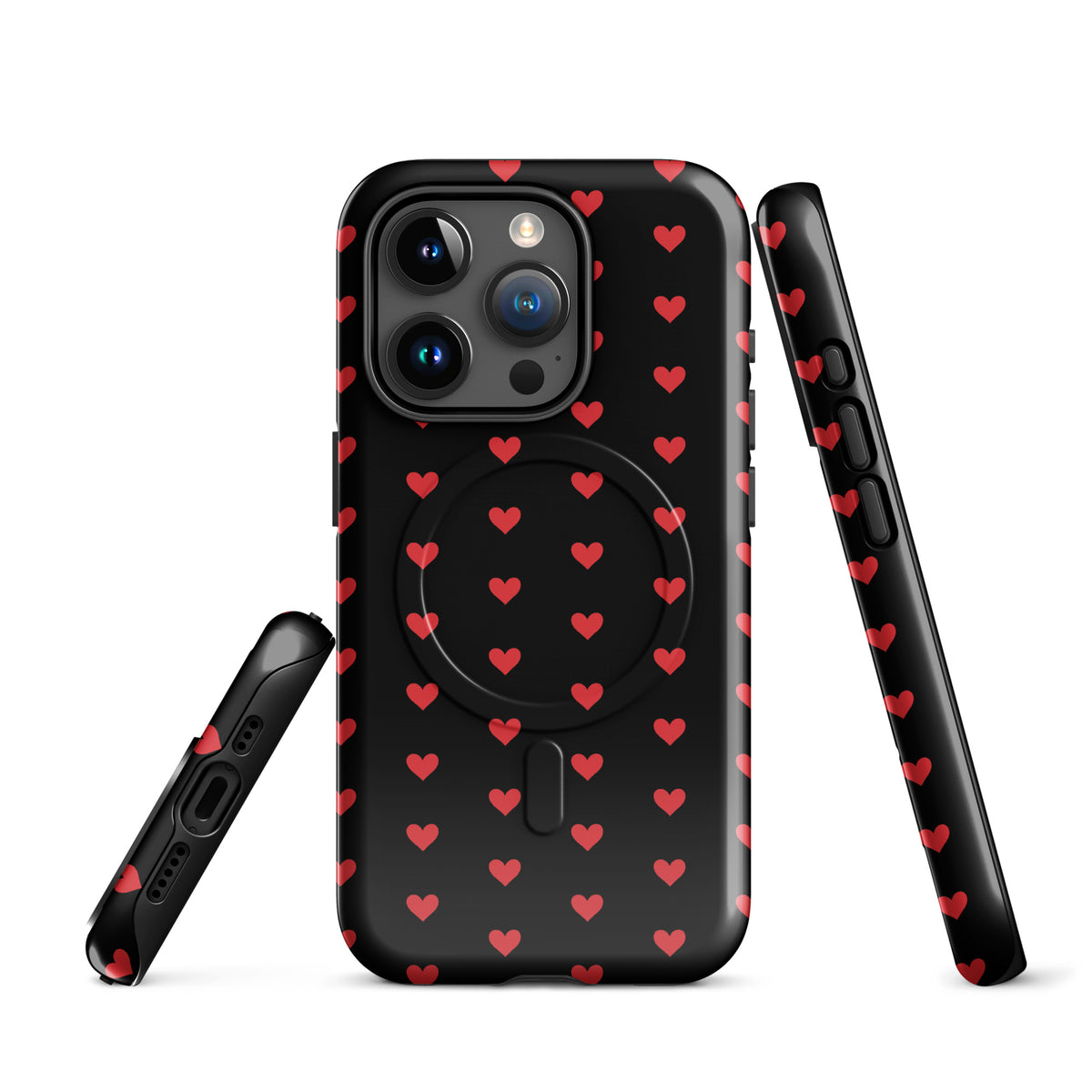 Magnetic Phone Case with fiery red hearts on a black background, luxury design for iPhone protection.