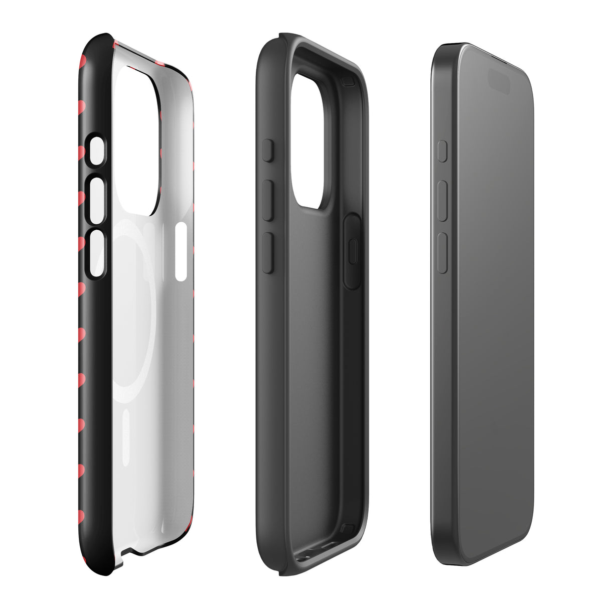 Magnetic Phone Case for iPhone with fiery red hearts on black background, showcasing modern design and durability.