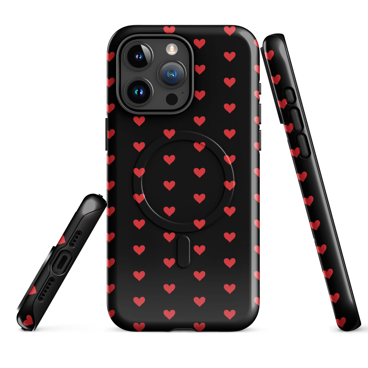 Magnetic Phone Case for iPhone with fiery red hearts on black background, luxury design with durable protection.