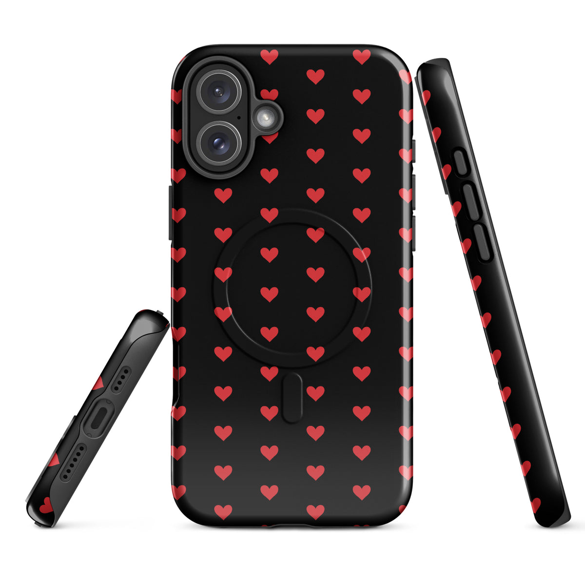 Magnetic Phone Case for iPhone with fiery red hearts on black design, showcasing luxury aesthetics and everyday durability.