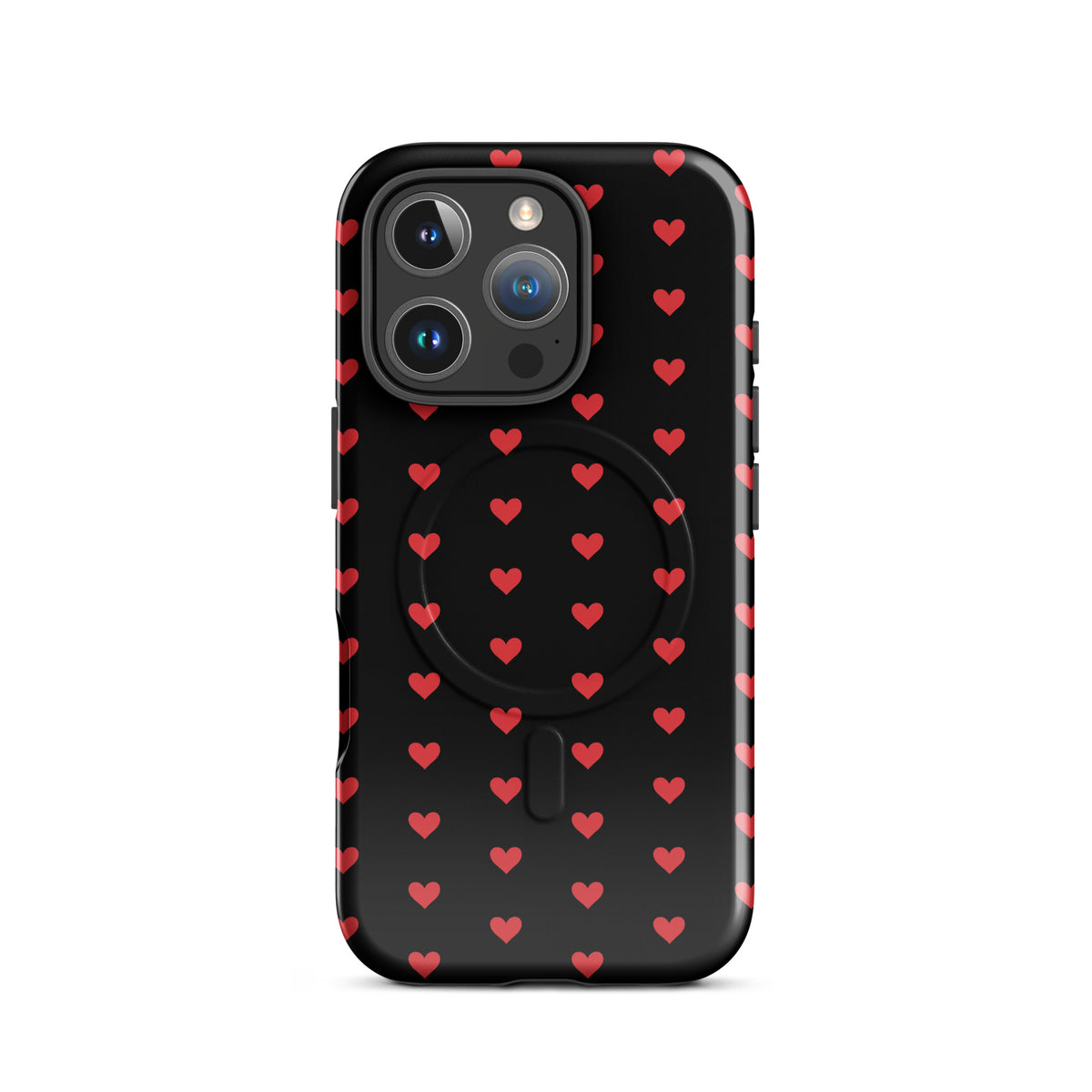 Magnetic Phone Case with fiery red hearts design for iPhone, luxury look with durable protection against a deep black background.