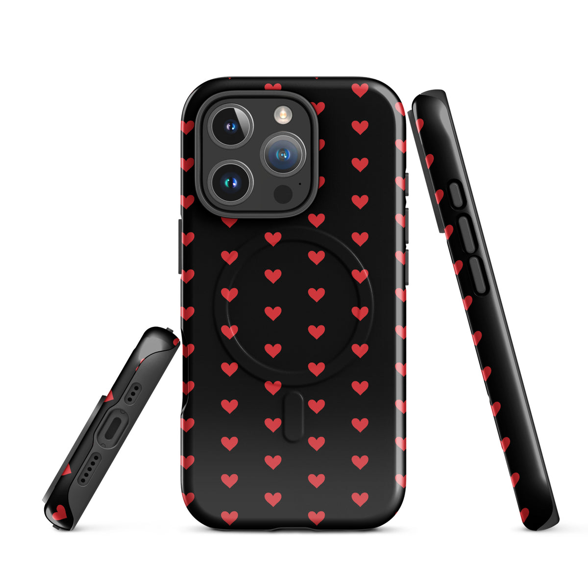 Magnetic Phone Case for iPhone with fiery red hearts design on a black background, showcasing modern and premium durability.