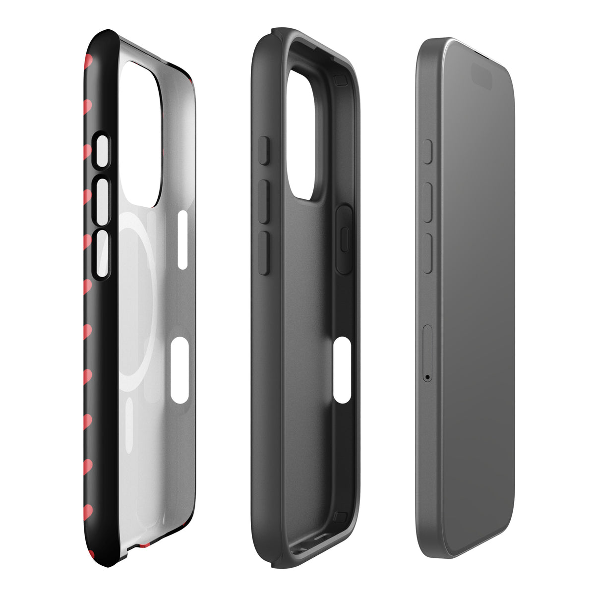 Magnetic Phone Case for iPhone with fiery red heart design, shown in side, back, and front views for stylish protection.