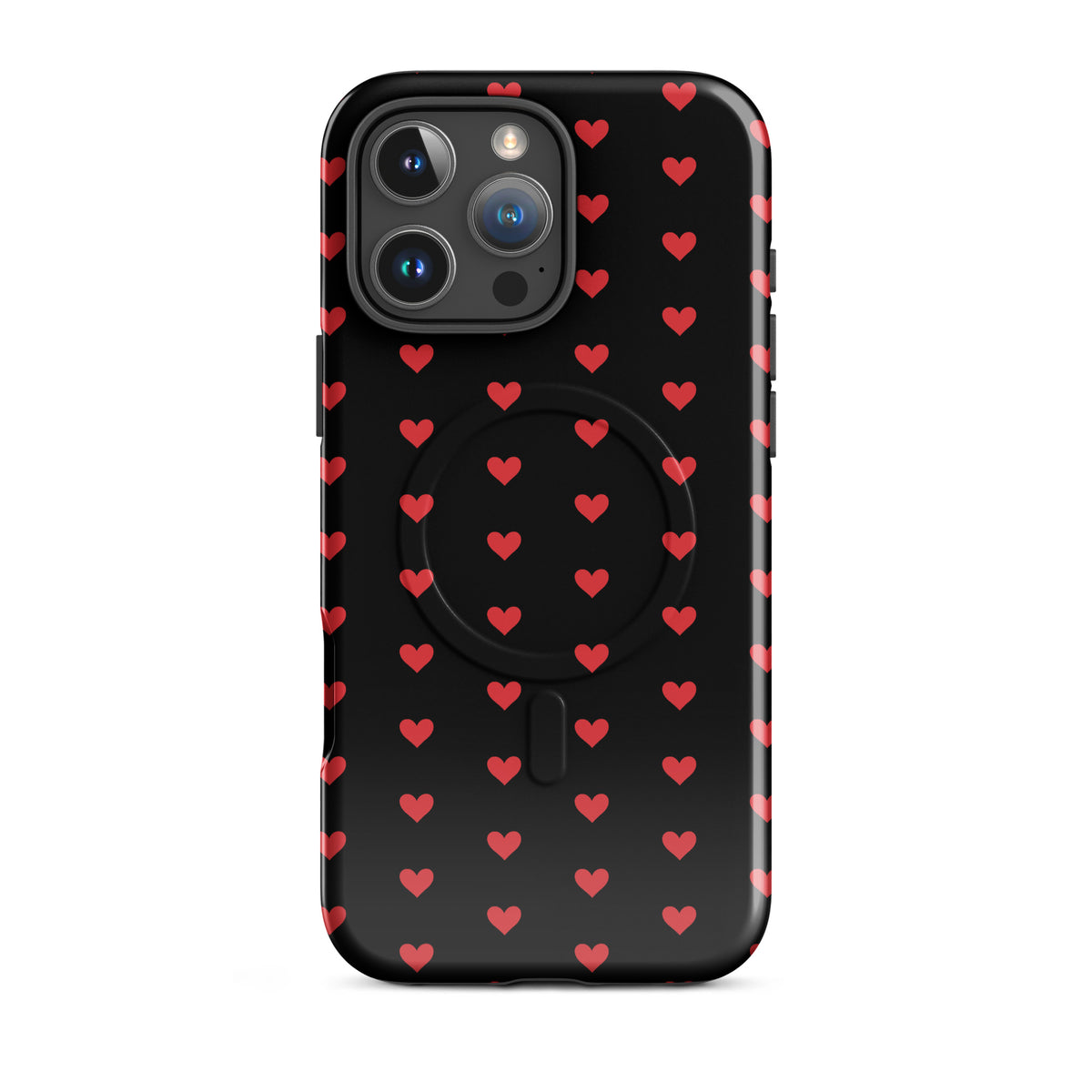 Magnetic Phone Case with fiery red hearts design for iPhone, showcasing luxury protection with a modern aesthetic.