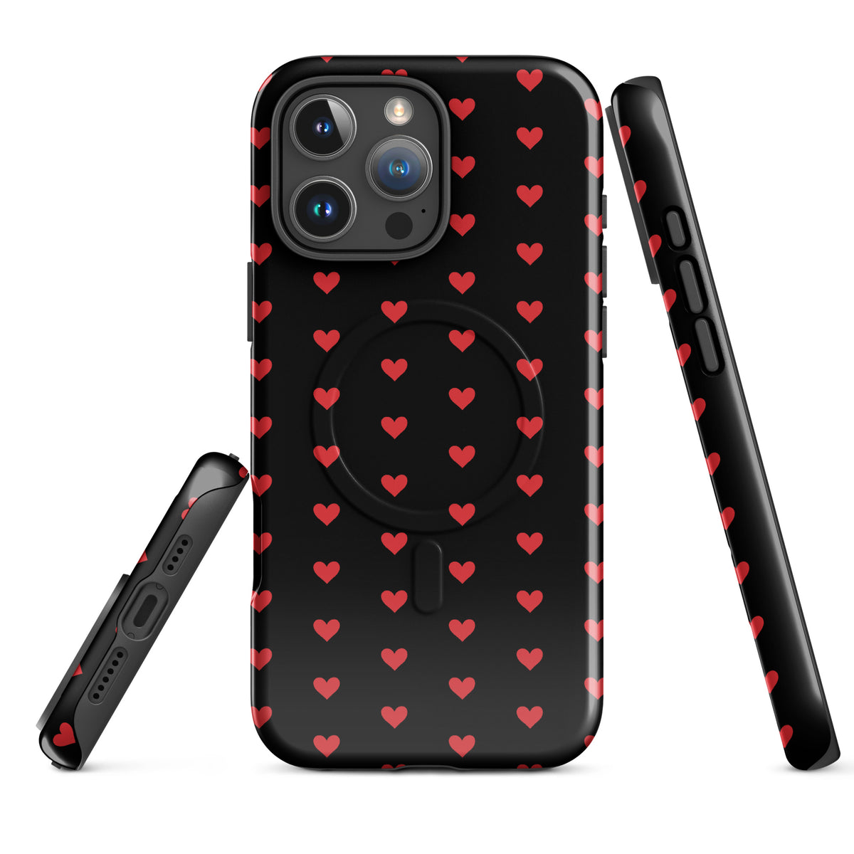 Magnetic Phone Case with fiery red hearts on black for iPhone, showcasing premium design and strong protection, perfect for everyday use.