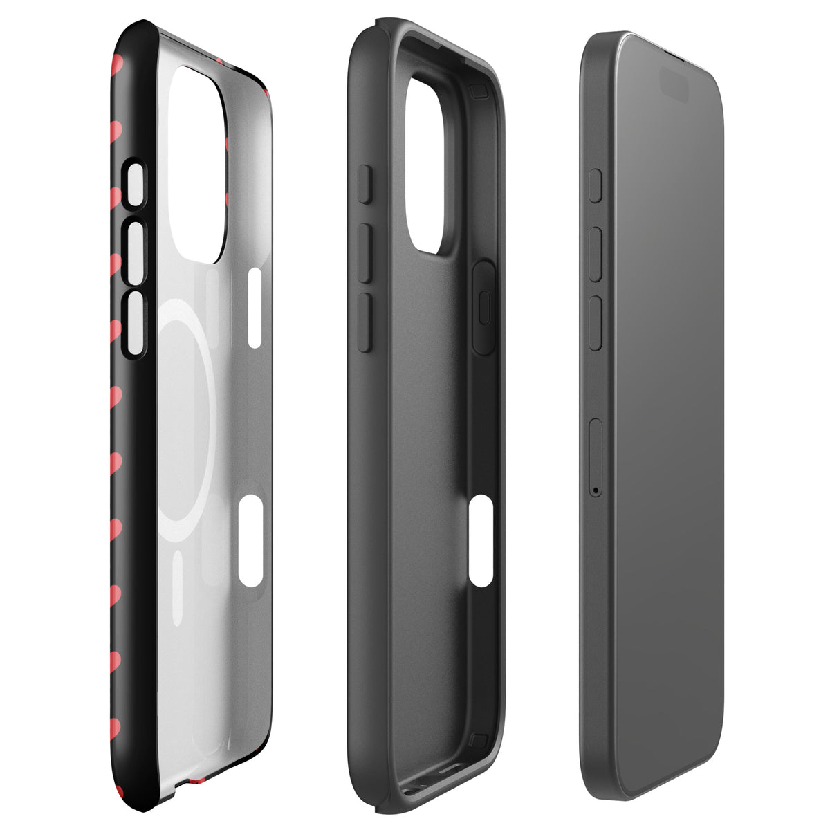 Magnetic Phone Case for iPhone with fiery red hearts design, black backdrop, premium protection