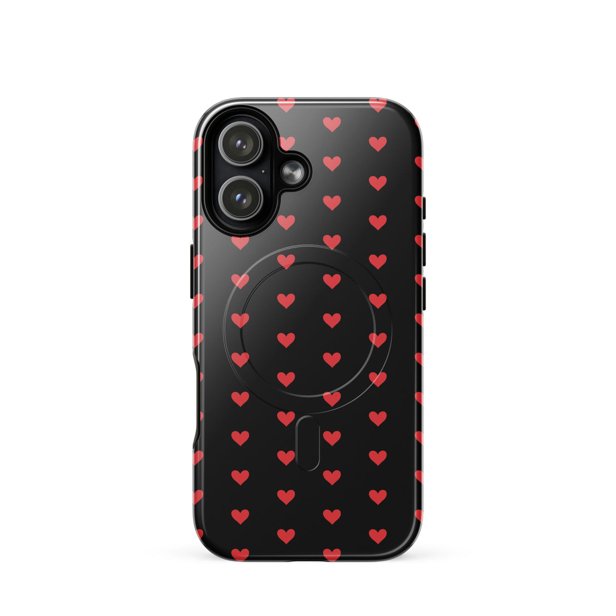 Magnetic Phone Case for iPhone with fiery red hearts on black background, offering stylish protection and modern design.