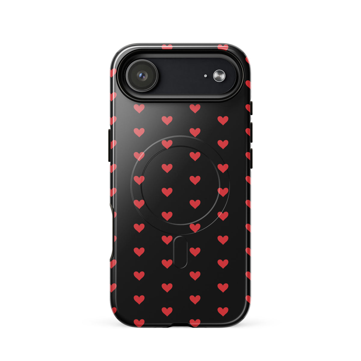Magnetic Phone Case for iPhone featuring fiery red hearts on a black background, combining luxury and protection.