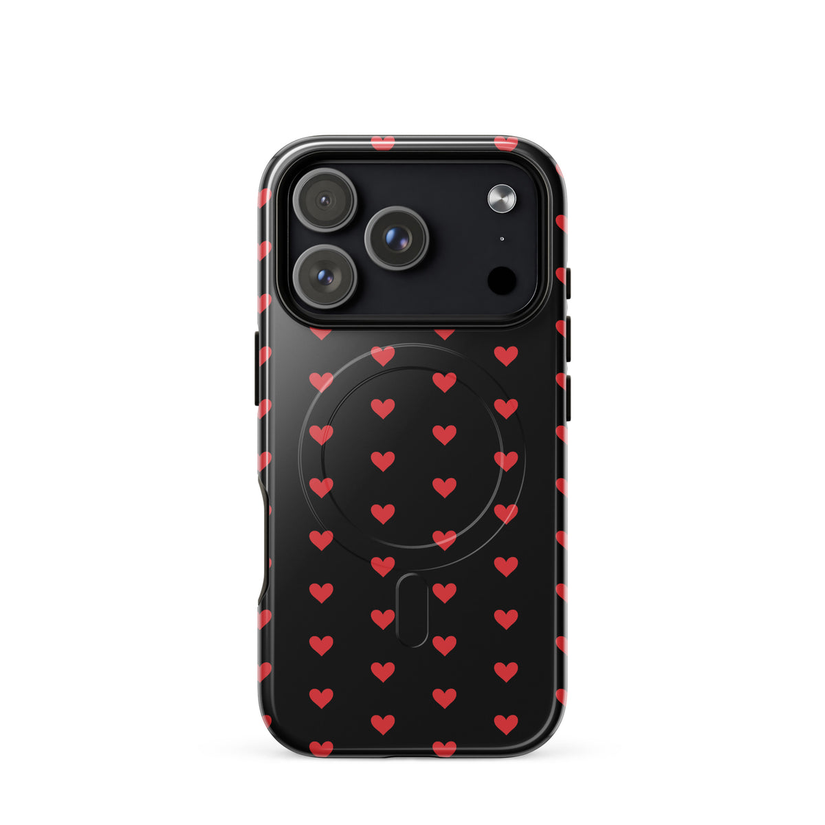 Magnetic Phone Case for iPhone with fiery red hearts on black, offering style and durability for modern protection.
