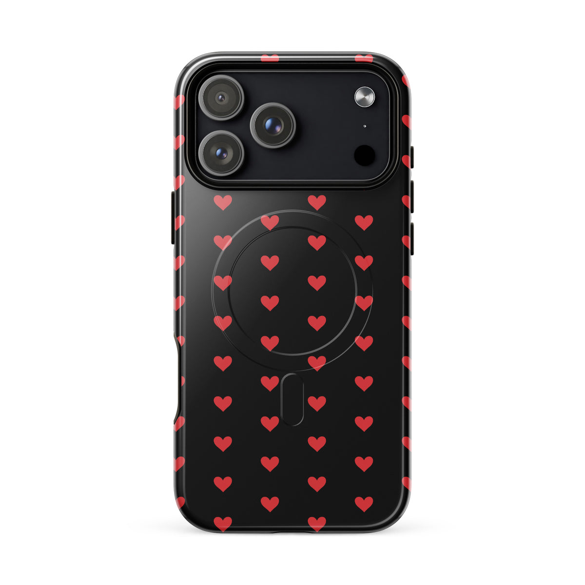 Magnetic Phone Case with fiery red hearts pattern on black for iPhone, showcasing stylish design and durable protection.