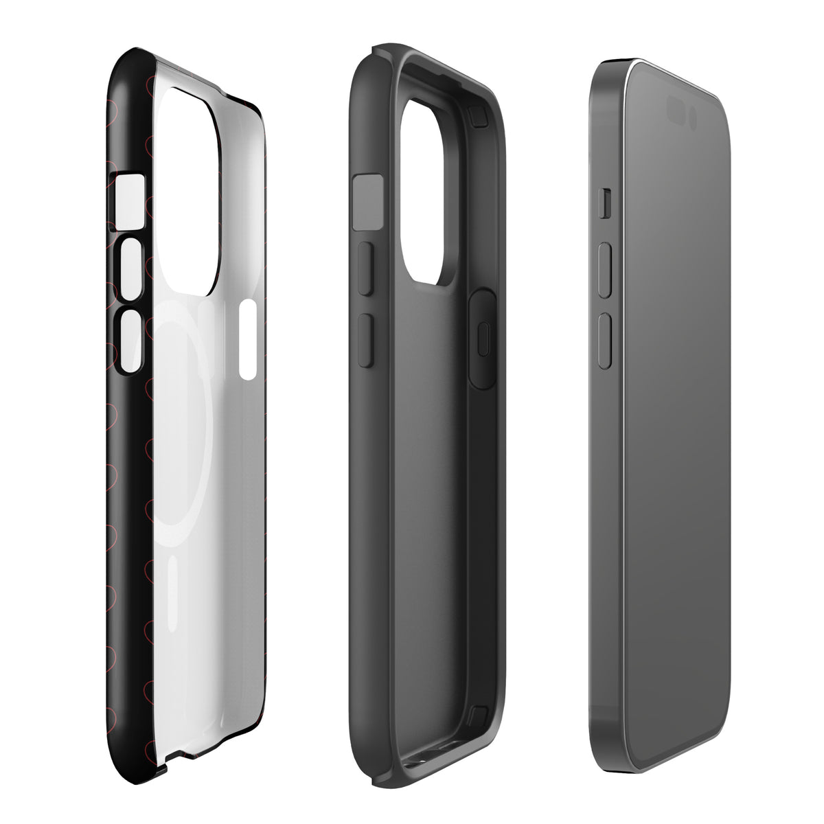 Magnetic Phone Case with crimson heart pattern, sleek design, showing multiple angles, offering premium protection and modern style.