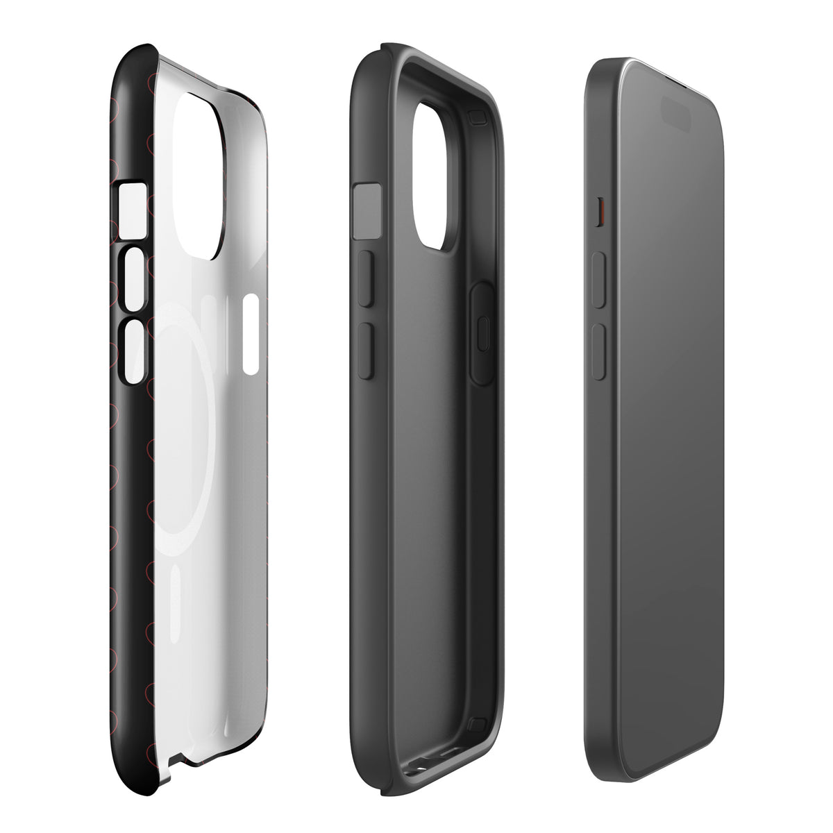 Magnetic Phone Case with crimson heart pattern, elegant and modern design, showing side and back views of the case.