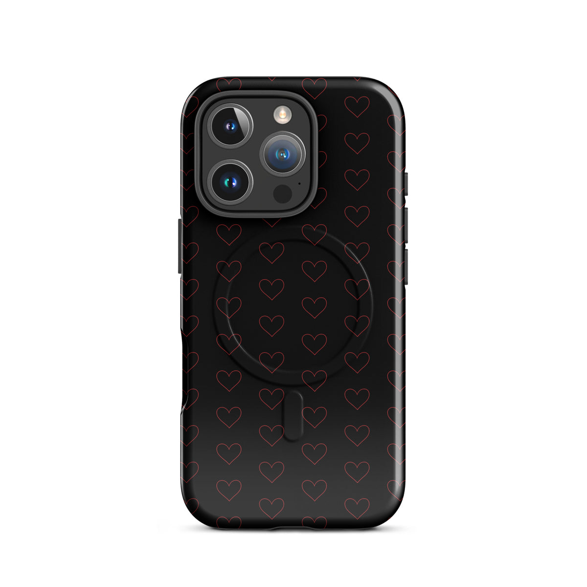 Magnetic Phone Case with crimson heart pattern for a modern and stylish look, featuring minimalist crimson outlines on black.