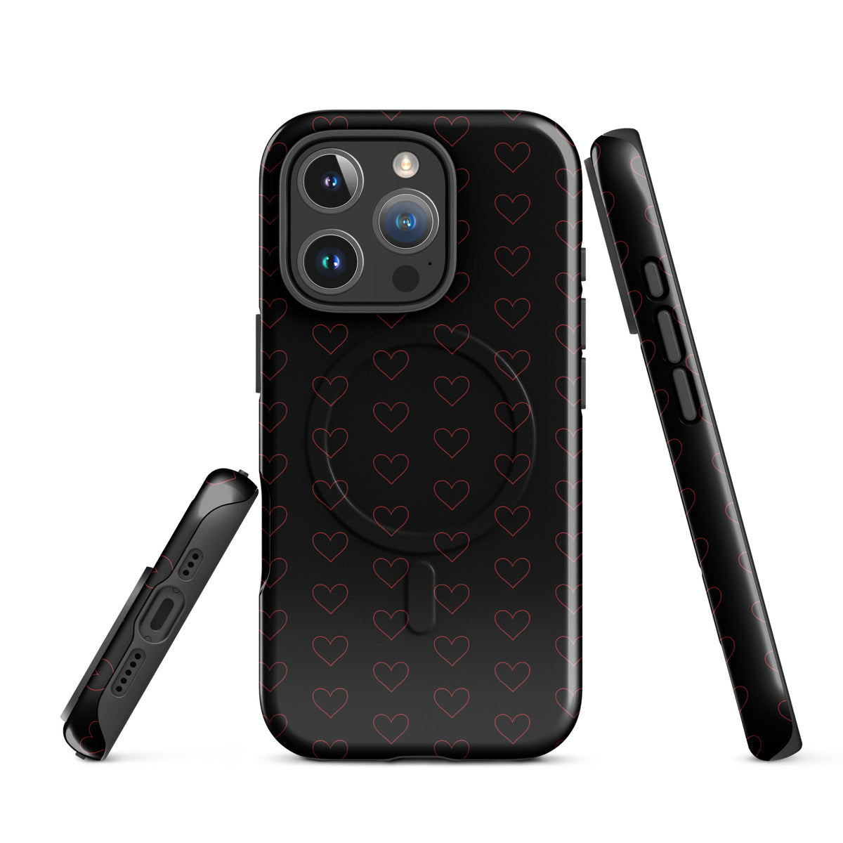 Magnetic Phone Case with crimson heart pattern, showcasing an elegant and modern design with minimalist outlines on a dark background.