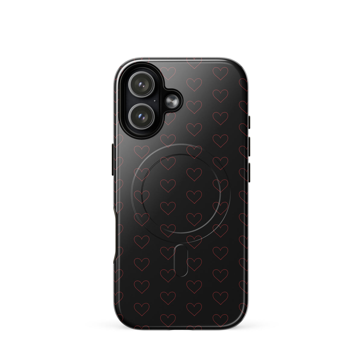 Magnetic Phone Case with crimson heart pattern, minimalist and stylish design, featuring elegant crimson outlines on a sleek case.