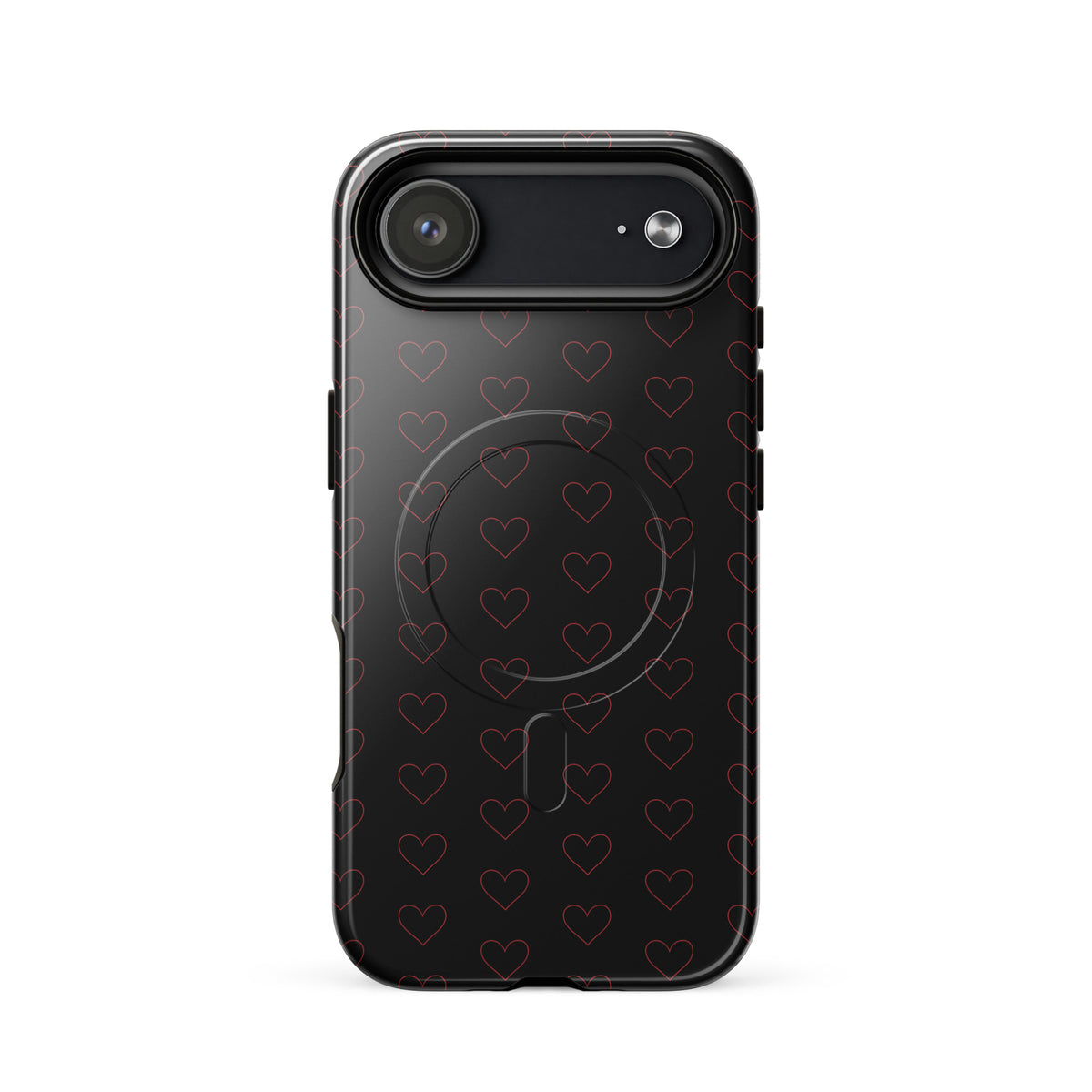 Magnetic Phone Case with crimson heart pattern, offering a stylish and modern design with minimalist crimson outlines on a black background.