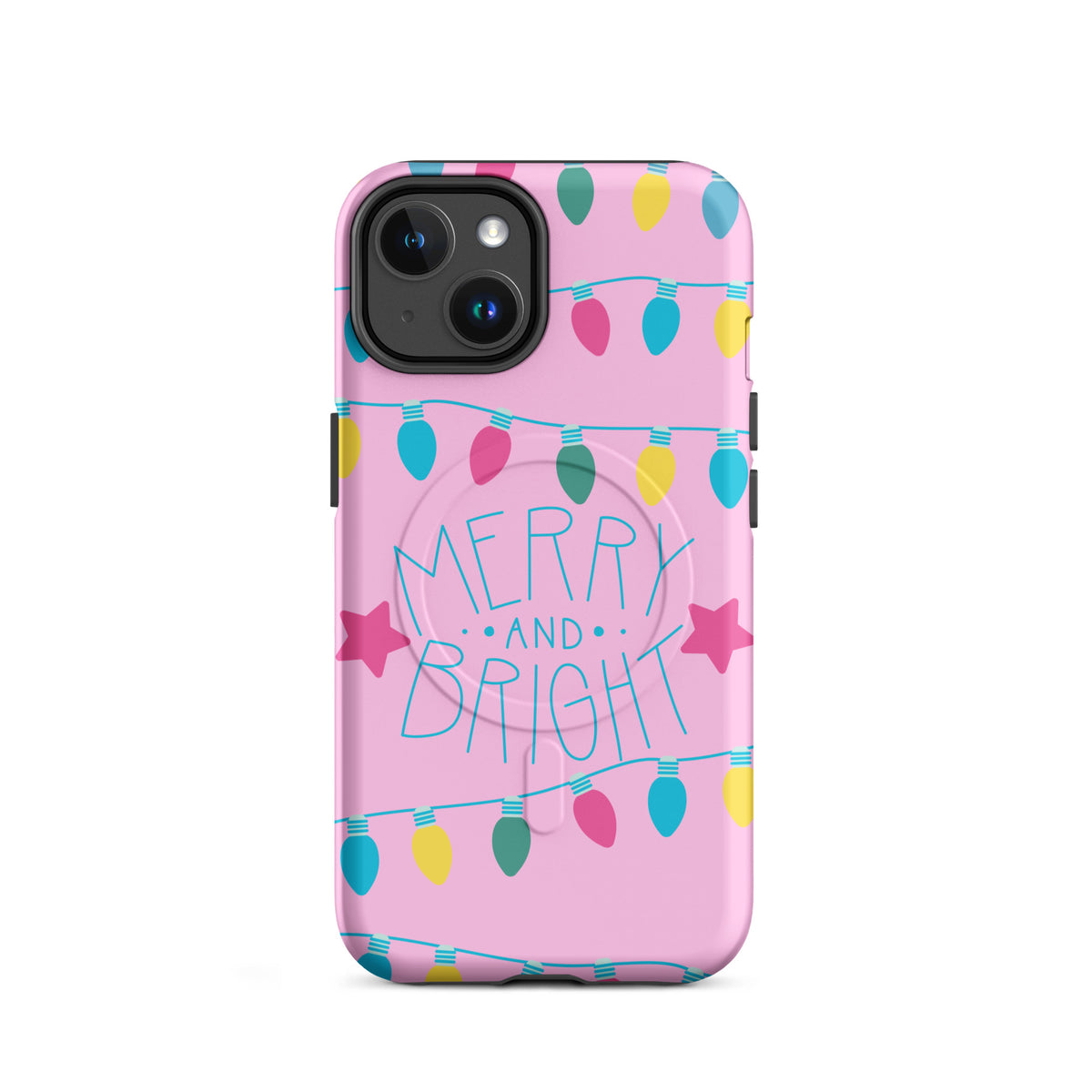 Magnetic Phone Case for iPhone with Merry and Bright holiday lights design on pink background, featuring colorful bulbs and stars.
